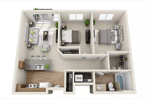 Floor plan for 2 beds, 1 bath, 832 sqft